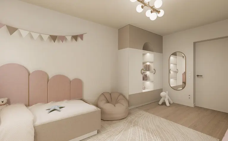 Pokój dziecięcy w stylu minimalistycznym i nowoczesnym z różowym łóżkiem i dekoracjami.
