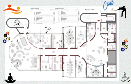 Plan wnętrza biura z eklektycznym i nowoczesnym designem, różnorodne strefy.