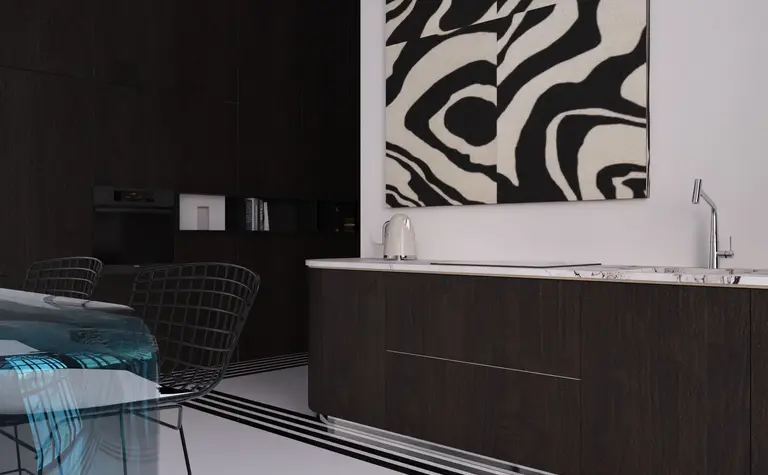 Wnętrze kuchni w stylu art deco i minimalistycznym z ciemnymi meblami.
