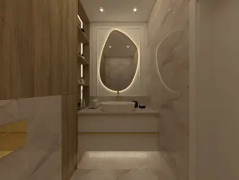 Stylowa łazienka w stylu glamour i minimaluxe z drewnem.