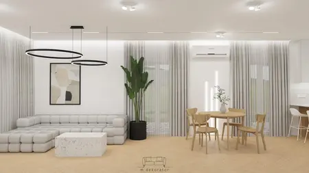 Wnętrze salonu w stylu japandi, minimalistycznym i skandynawskim z jasnymi meblami