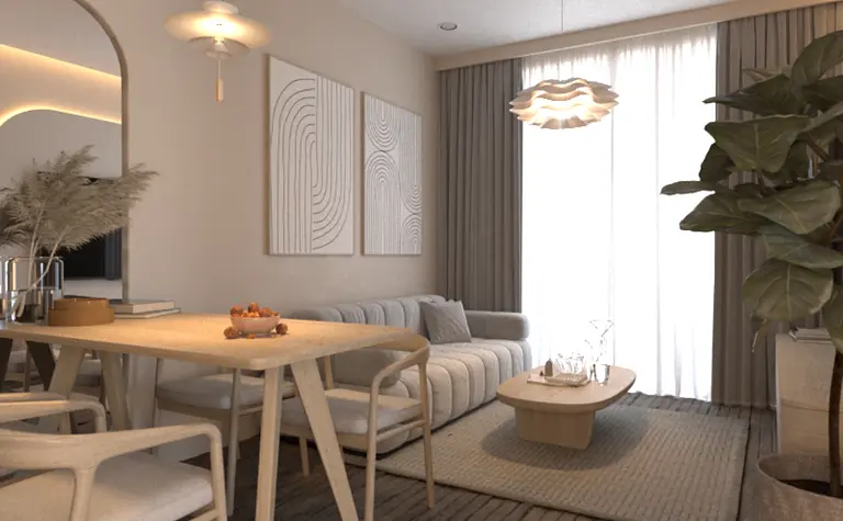 Wnętrze salonu w stylu boho, eklektycznym, japandi i minimalistycznym z roślinami.