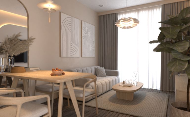 Wnętrze salonu w stylu boho, eklektycznym, japandi i minimalistycznym z roślinami.