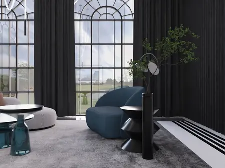Nowoczesny salon art deco z eleganckimi meblami i dużymi oknami.