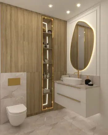 Nowoczesna łazienka w stylu glamour i minimaluxe z drewnem i białymi detalami.