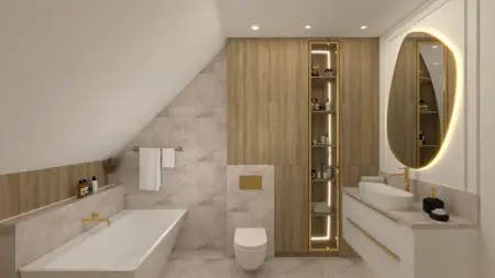 Wnętrze łazienki z drewnem i marmurowymi detalami, styl glamour i minimaluxe