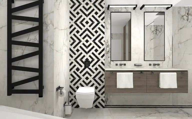 Nowoczesna łazienka z czarnymi i białymi elementami oraz drewnianymi detalami, styl dopamine decor.