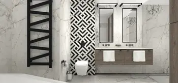 Nowoczesna łazienka z czarnymi i białymi elementami oraz drewnianymi detalami, styl dopamine decor.