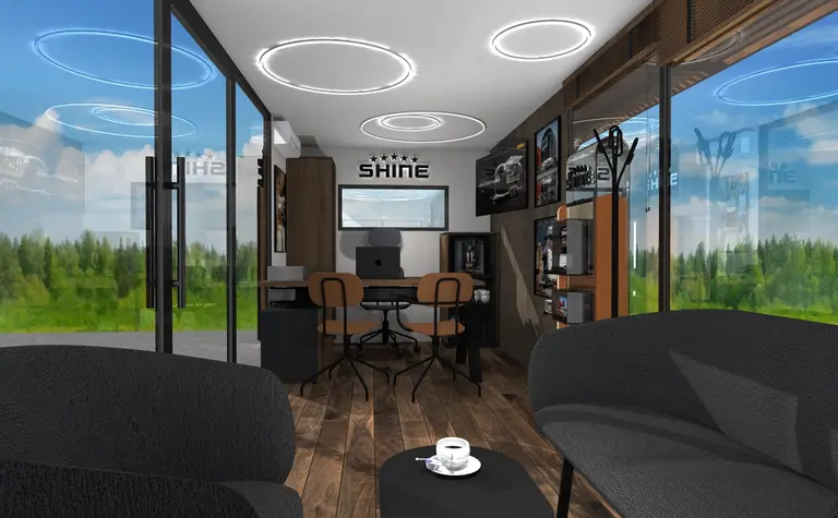 Biuro z dużymi oknami, drewnianą podłogą i nowoczesnymi meblami w stylu dopamine decor i industrialnym.