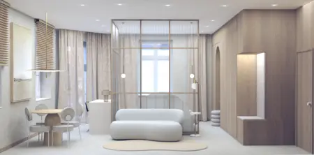 Wnętrze boho-japandi z minimalistycznym wystrojem, jasna sofa i drewniane elementy.