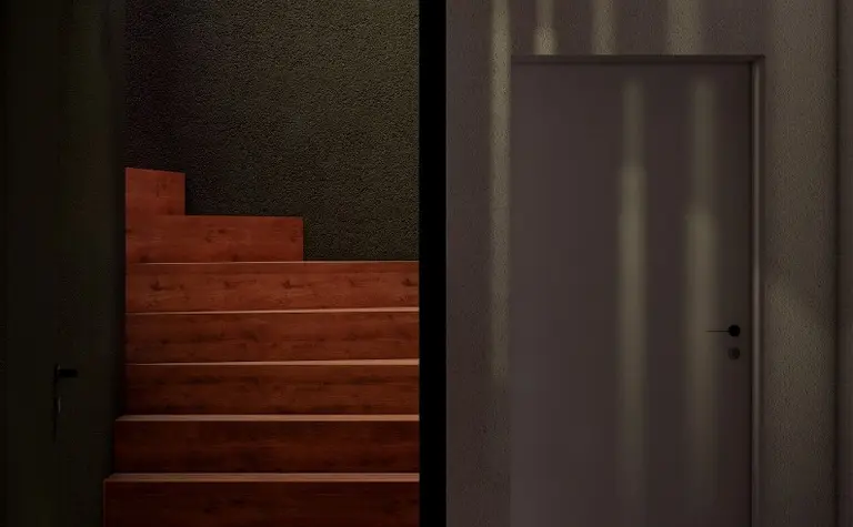 Przedpokój w stylu eklektycznym z drewnianymi schodami i minimalistycznym oświetleniem.