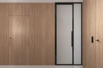 Minimalistyczne wnętrze z drewnianymi ścianami i szklanymi drzwiami