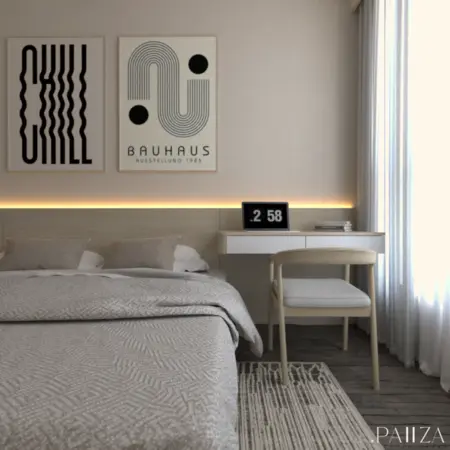 Sypialnia w stylu boho, eklektycznym, japandi i minimalistycznym z jasnym łóżkiem.