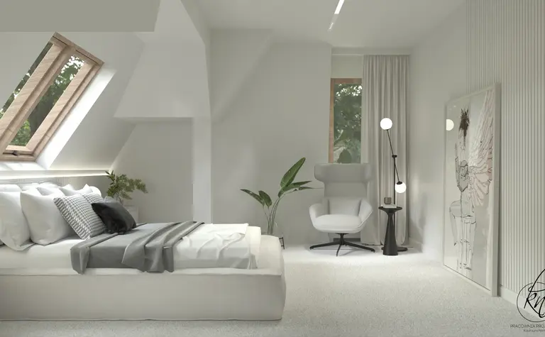 Sypialnia w stylu minimalistycznym z białym łóżkiem i dużymi oknami