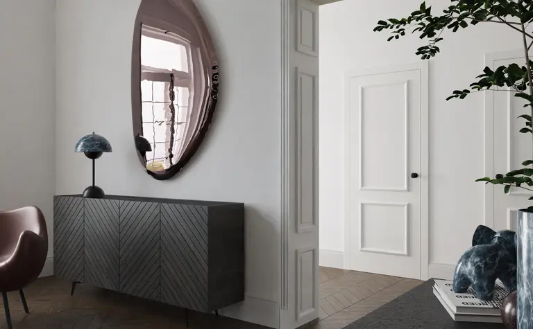 Wnętrze z lustrem w stylu art deco, eklektycznym i vintage, z drewnianymi akcentami.
