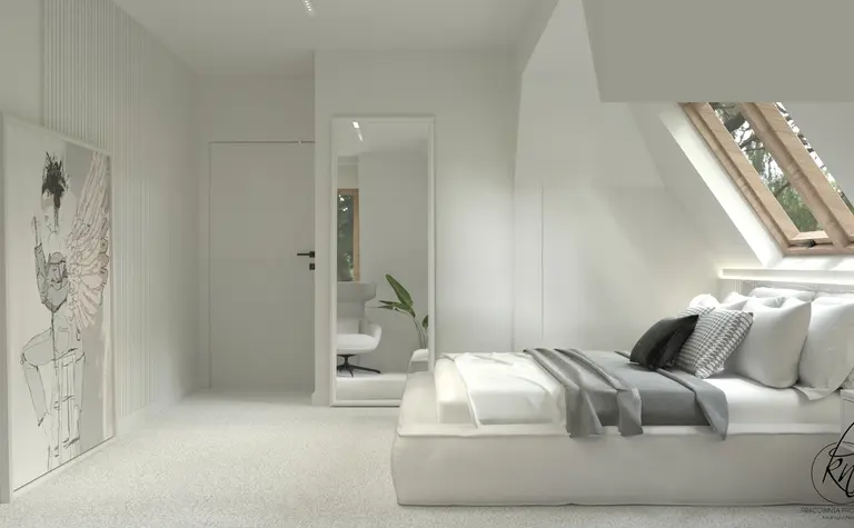 Sypialnia minimalistyczna z białym łóżkiem i dużym lustrem.