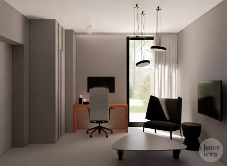 Eklektyczne wnętrze gabinetu z minimalistycznym biurkiem i stylowym fotelem.