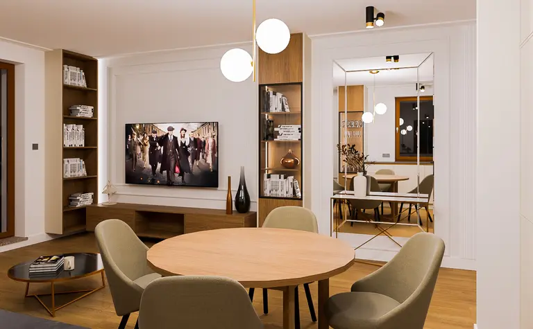 Wnętrze salonu w stylu art deco, nowoczesnym i quiet luxury z drewnianym stołem.