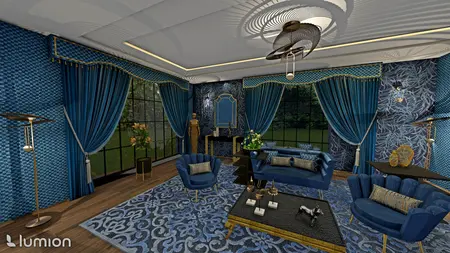 Wnętrze salonu w stylu art deco z niebieskimi zasłonami i złotymi elementami.