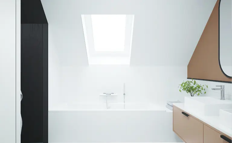 Minimalistyczna łazienka z nowoczesnym wykończeniem, wanną i stylową podłogą.