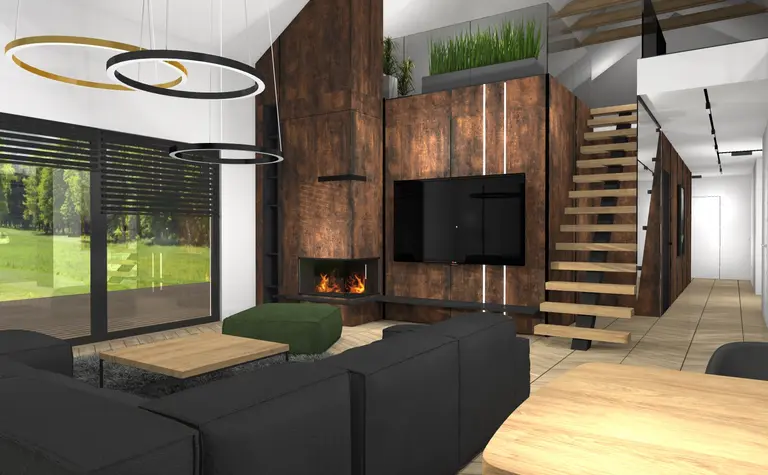 Wnętrze salonu w stylu dopamine decor z drewnem i nowoczesnymi lampami.