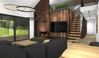 Wnętrze salonu w stylu dopamine decor z drewnem i nowoczesnymi lampami.
