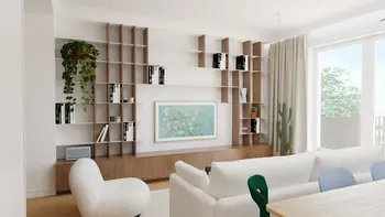 Wnętrze salonu w stylu art deco, eklektycznym, soft minimalizm i vintage z roślinami.