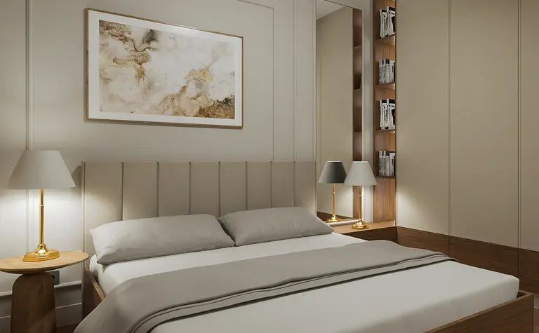 Sypialnia w stylu art deco z beżowym łóżkiem i drewnianymi detalami