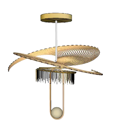 Lampa wisząca w stylu art deco z elementami złota i drewna.
