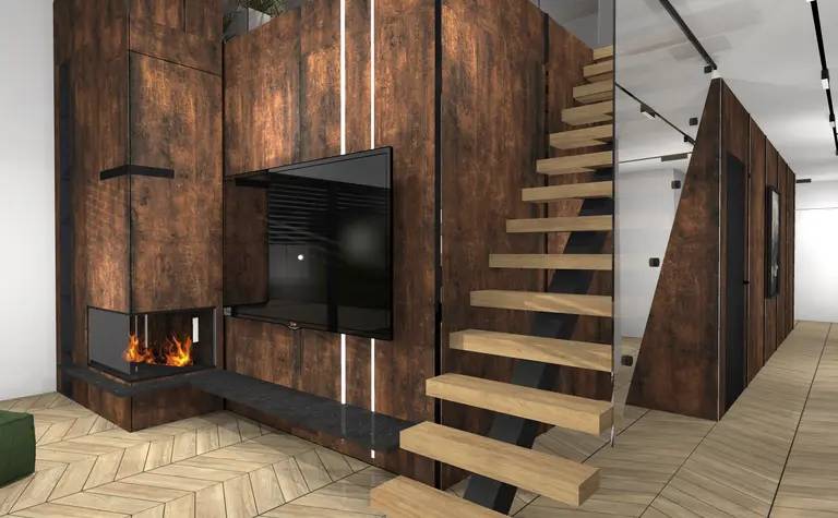 Wnętrze z kominkiem, drewnianymi schodami i roślinami w stylu dopamine decor, industrialnym i nowoczesnym.