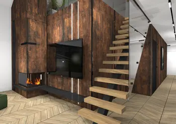 Wnętrze z kominkiem, drewnianymi schodami i roślinami w stylu dopamine decor, industrialnym i nowoczesnym.
