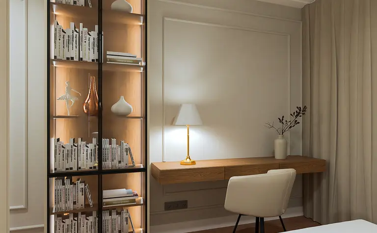 Sypialnia z półką na książki, lampą i drewnianym biurkiem, styl art deco, nowoczesny, quiet luxury.