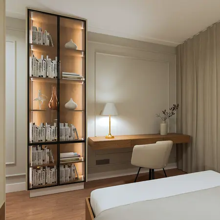 Sypialnia z półką na książki, lampą i drewnianym biurkiem, styl art deco, nowoczesny, quiet luxury.