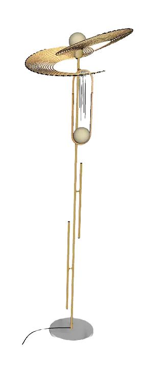 Lampa stojąca w stylu art deco z okrągłymi kloszami i metalową konstrukcją.