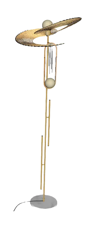 Lampa stojąca w stylu art deco z okrągłymi kloszami i metalową konstrukcją.