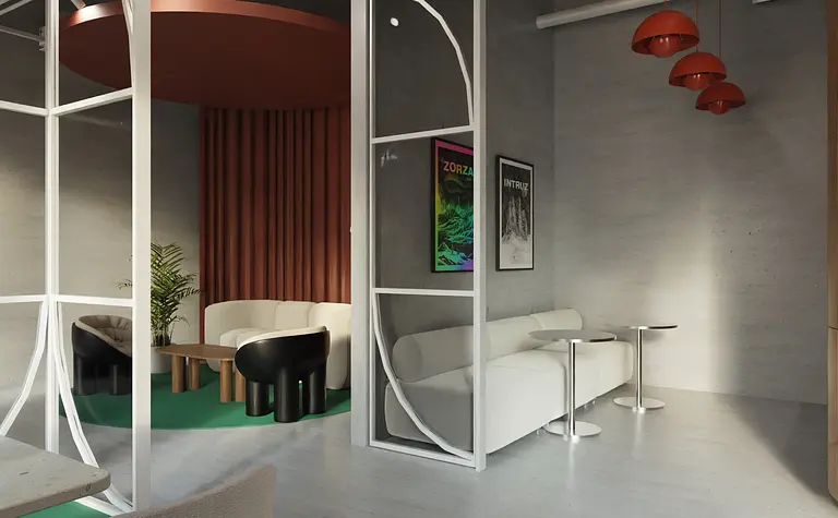 Wnętrze z minimalistycznym designem, dopamine decor, biała sofa i czarne meble.