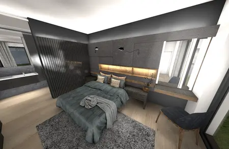 Wnętrze sypialni z szarymi ścianami i drewnianymi detalami, nowoczesny design.