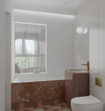 Wnętrze łazienki z elementami art deco, vintage i soft minimalizmu.