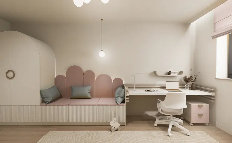 Pokój dziecięcy z minimalistycznym wystrojem, różową sofą i nowoczesnym biurkiem.