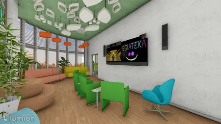 Wnętrze z kolorowymi meblami, telewizorem i roślinami.