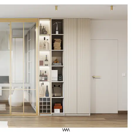 Nowoczesne wnętrze z półkami, minimalistycznym stylem i akcentami glamour.