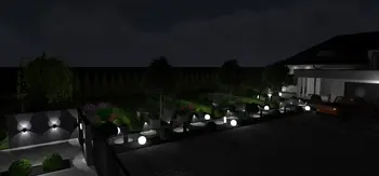Ogród w stylu industrialnym z roślinnością i nowoczesnym oświetleniem.