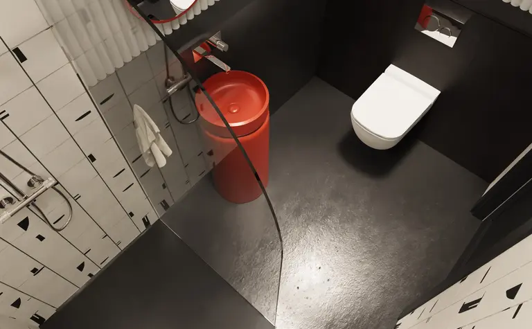 Nowoczesna łazienka z białymi kaflami, czerwoną koszem i eleganckim WC.