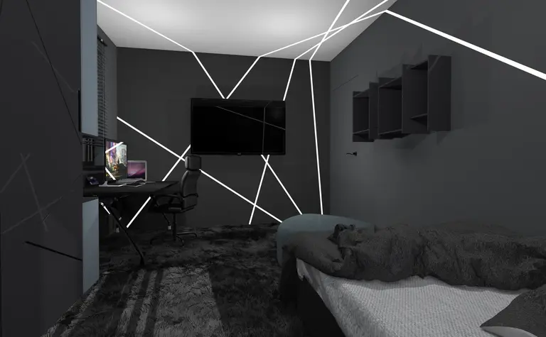 Wnętrze pokoju z biurkiem, telewizorem i nowoczesnym oświetleniem, styl dopamine decor, industrialny, współczesny.