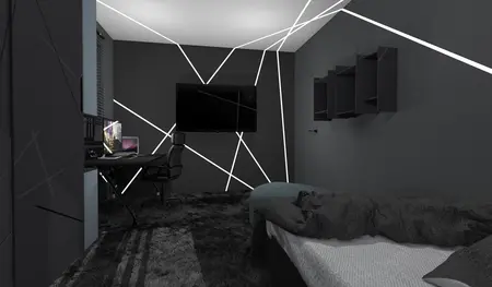 Wnętrze pokoju z biurkiem, telewizorem i nowoczesnym oświetleniem, styl dopamine decor, industrialny, współczesny.