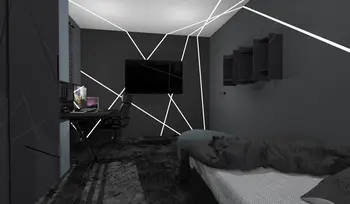Wnętrze pokoju z biurkiem, telewizorem i nowoczesnym oświetleniem, styl dopamine decor, industrialny, współczesny.