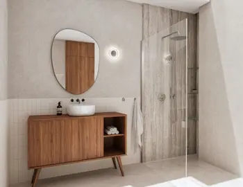 Wnętrze łazienki z drewnianą szafką i nowoczesnym prysznicem w stylu minimalistycznym.