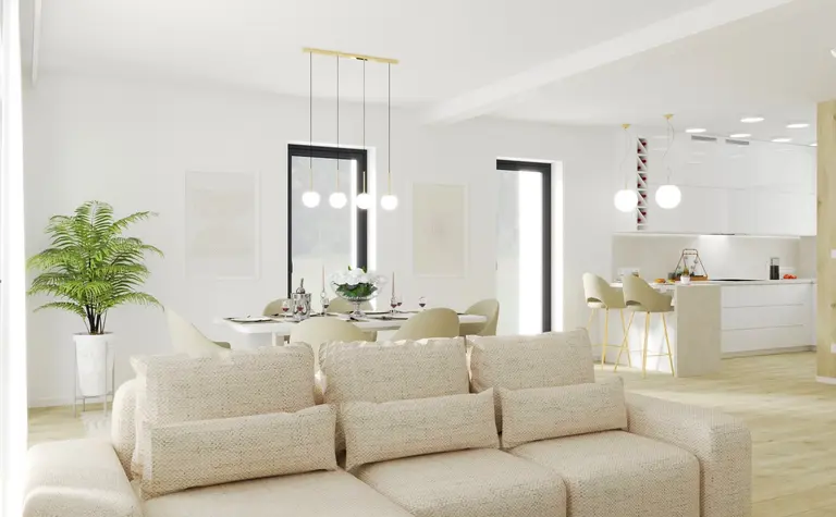 Wnętrze nowoczesnej kuchni z minimalistycznym designem, białymi meblami i drewnianymi akcentami.