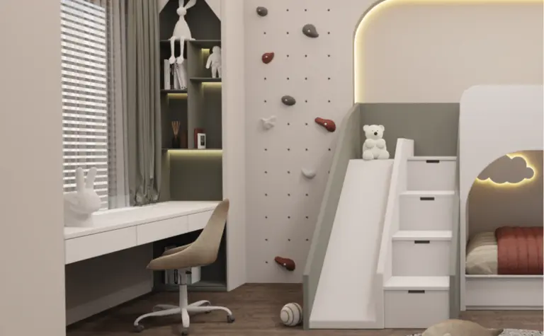 Wnętrze pokoju dziecięcego z biurkiem, łóżkiem i akcesoriami w stylu minimalistycznym, soft minimalizm, współczesny.