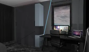 Wnętrze gabinetu z ciemnymi ścianami, biurkiem i nowoczesnym wyposażeniem, dopamine decor, industrialny.